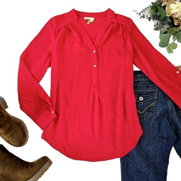 Fervour Women's Blouse Size Small Red Relaxed Fit Lightweight Flowy Long Sleeves - Picture 2 of 13